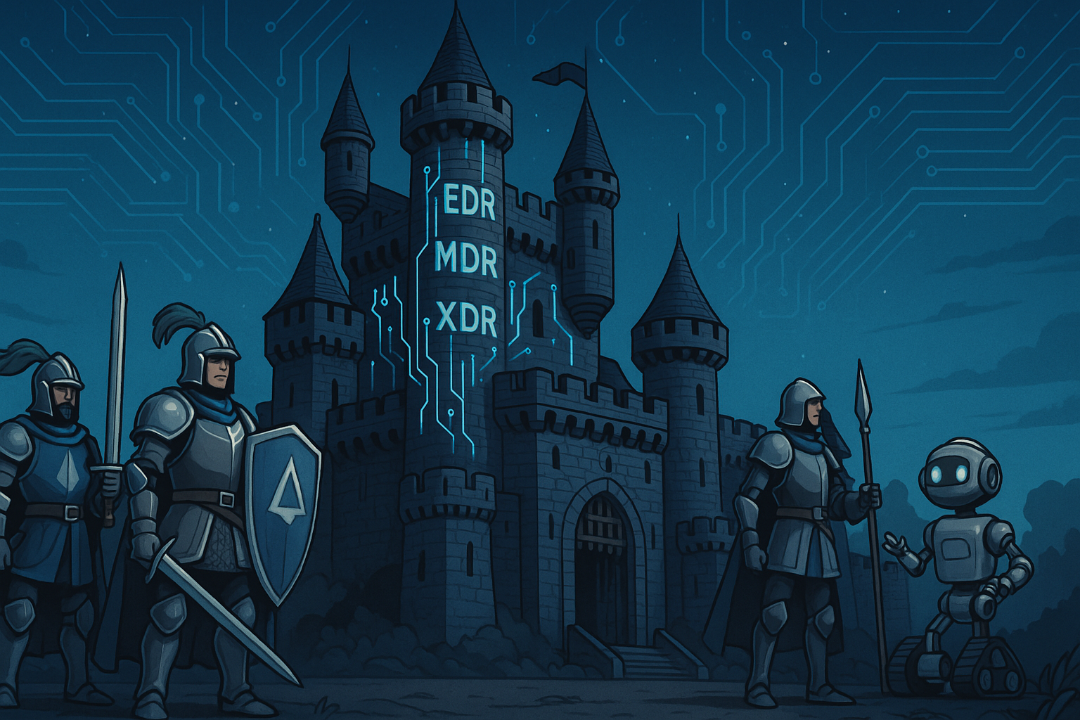 H High‑tech castle with glowing circuitry guards labeled “EDR,” “MDR,” and “XDR,” and a robot sentinel representing AI automation.